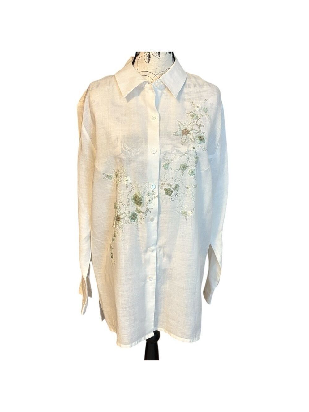 Duality Women’s Embroidered Button-Up Blouse Long Sleeve Linen White Size XL